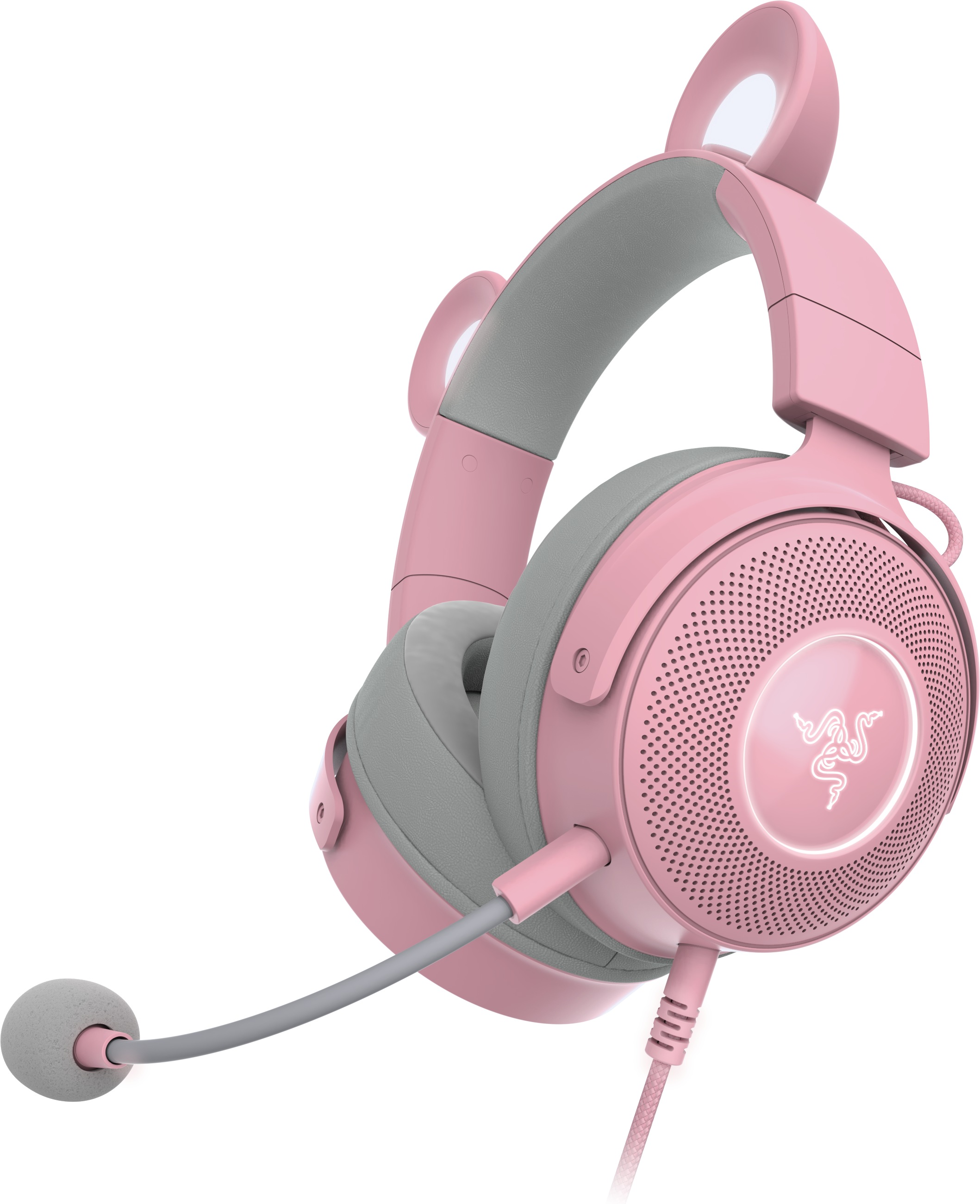 Rosa Gaming-Headset mit Katzenohren, grauen Ohrmuscheln und Mikrofon.