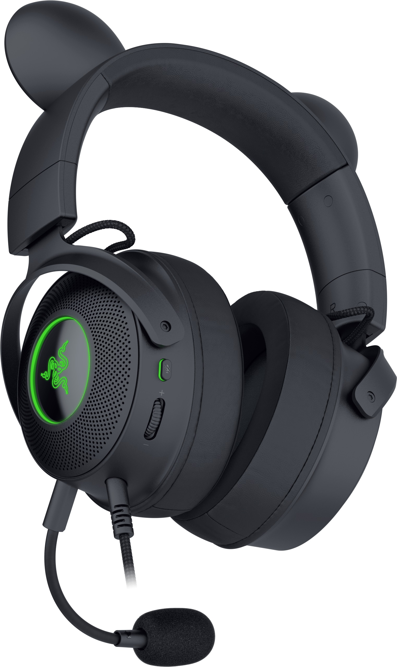 Schwarzes Razer-Headset mit Katzenohren, Mikrofon und grünem Logo. Schwarzer Hintergrund.