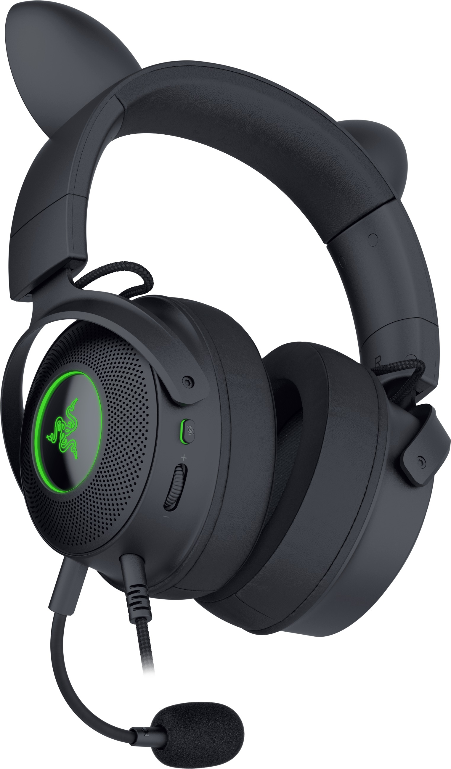 Schwarzes Gaming-Headset mit Katzenohren, grünes Logo. Verfügt über ein Mikrofon und eine Lautstärkeregelung.