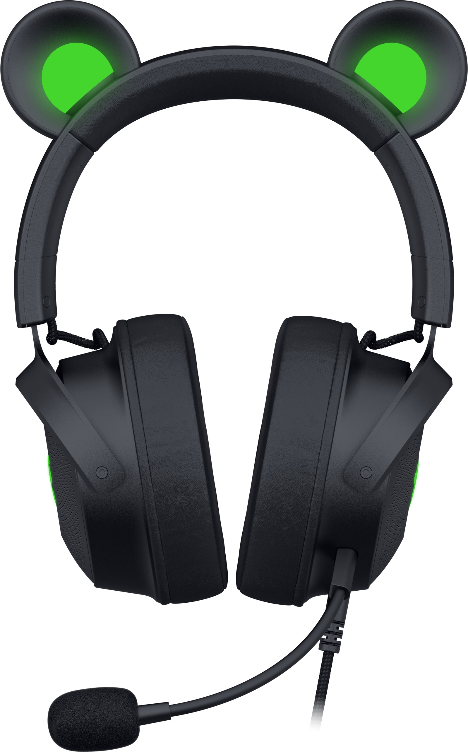 Schwarzes Gaming-Headset mit bärenartigen Ohren, grünen Akzenten und Mikrofon. Weißer Hintergrund.