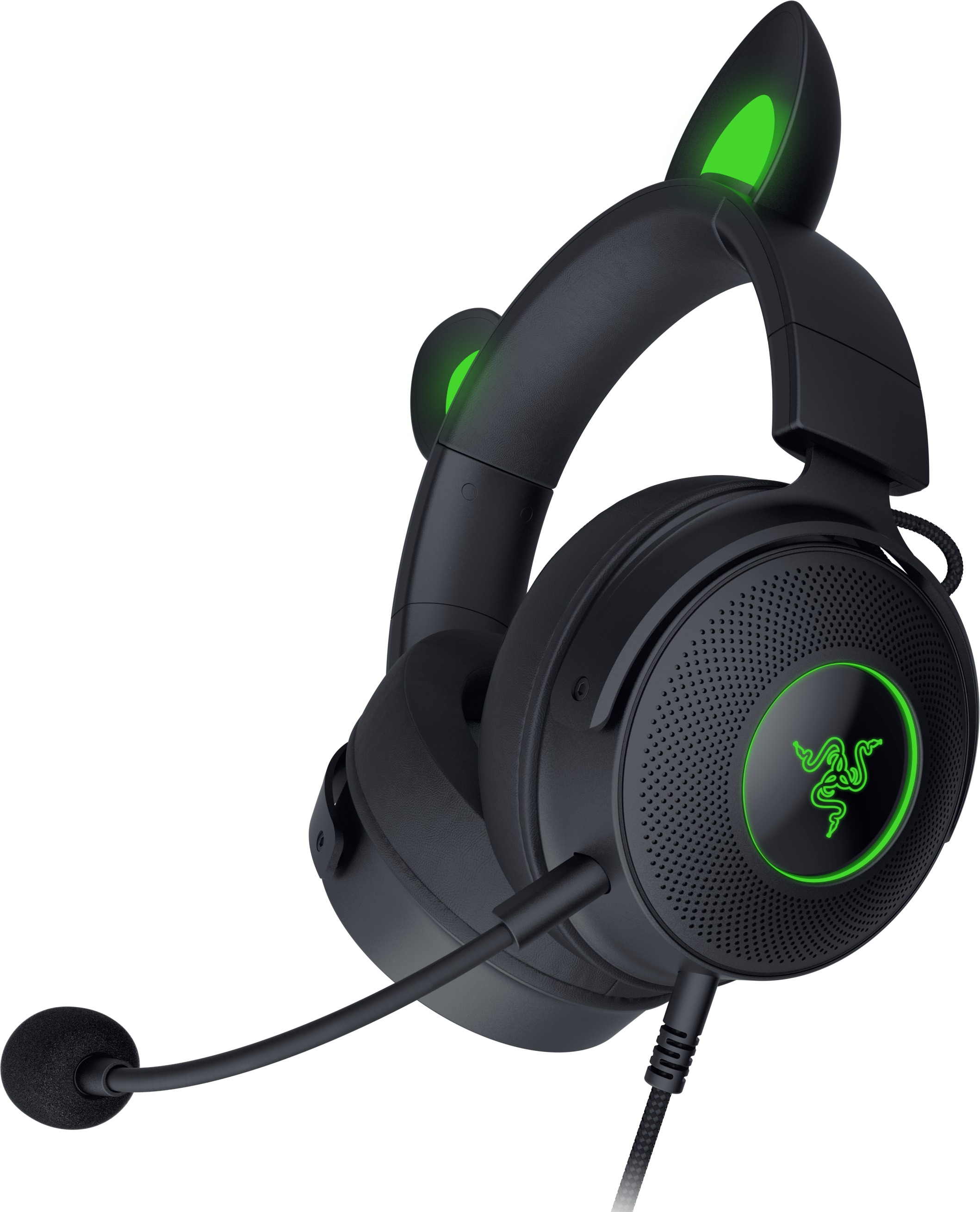 Schwarzes Gaming-Headset mit Katzenohren, neongrünen Lichtern und Mikrofon.