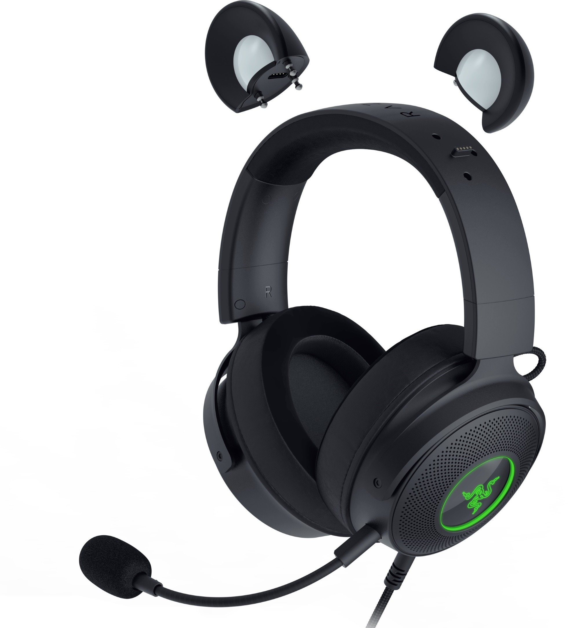 Schwarzes Gaming-Headset mit Katzenohren, grünem Logo und Mikrofon.