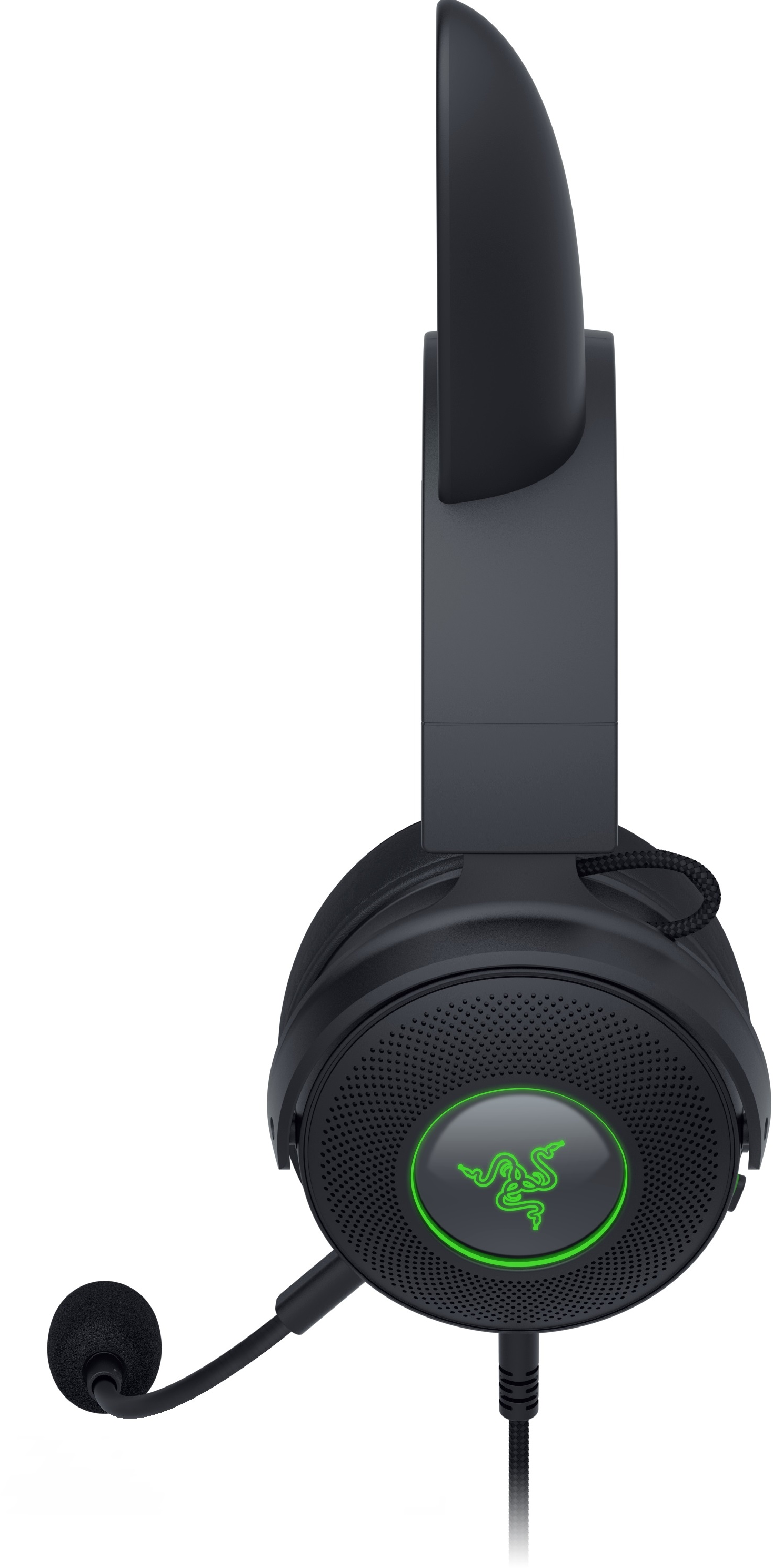Schwarzes Gaming-Headset mit Mikrofon. Grünes Razer-Logo auf der Ohrmuschel.