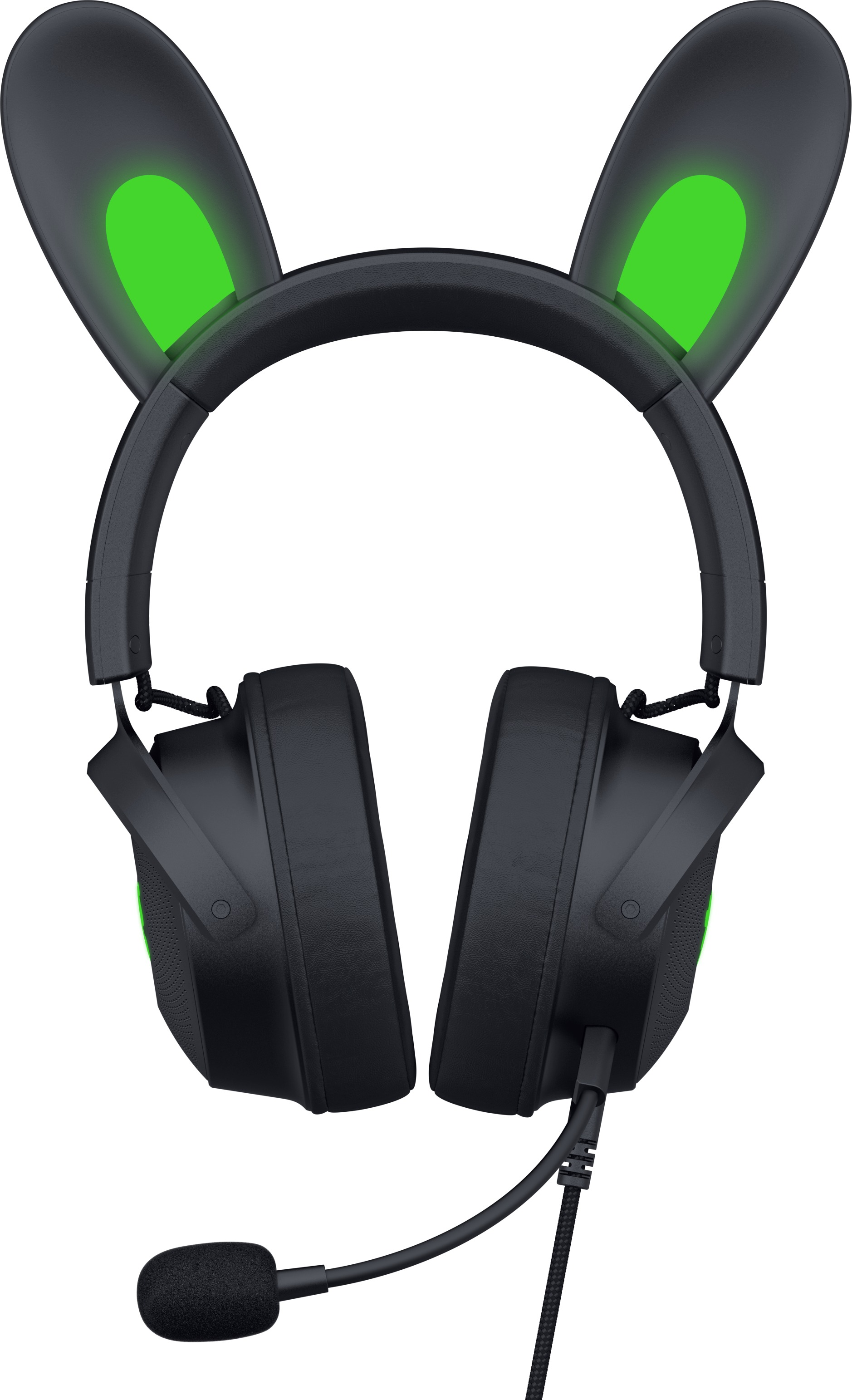 Schwarzes Gaming-Headset mit grünen Ohrakzenten und Hasenohraufsätzen. Ein Mikrofon ist angebracht.