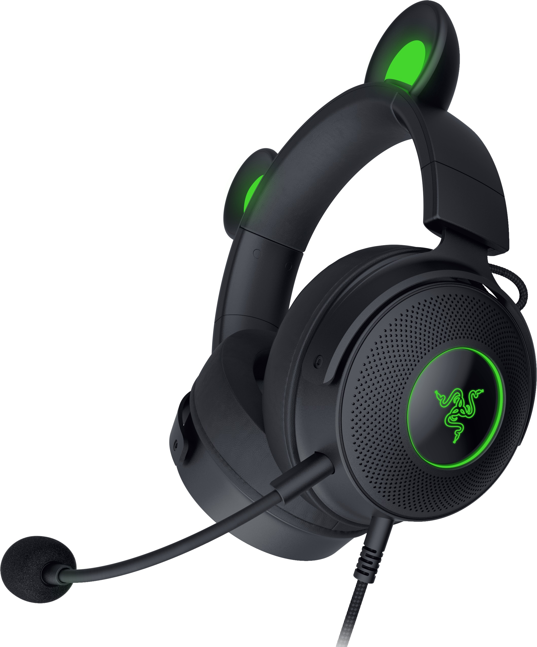 Schwarzes Razer Gaming-Headset mit grünen Akzenten. Es hat ohrenförmige Beleuchtung und ein Mikrofon.