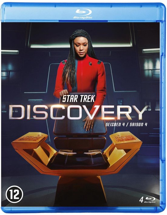 Couverture Blu-ray de Star Trek: Discovery. Femme uniforme rouge, chaise futuriste, bleu.