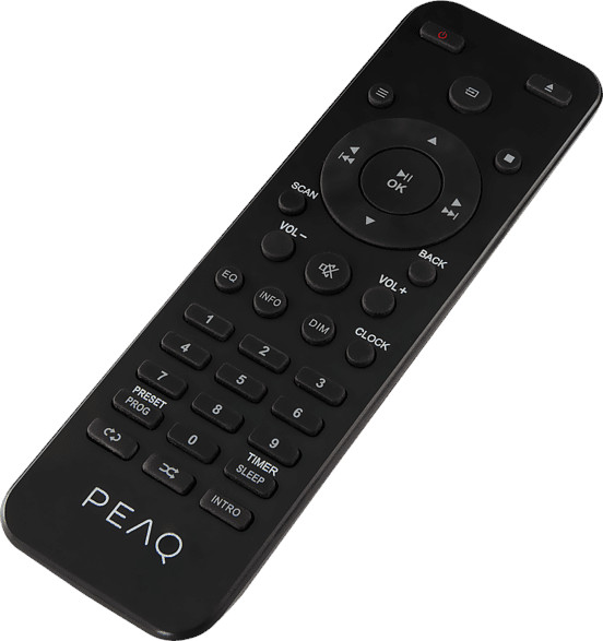 Black remote control with several buttons, including volume, channel, and a central navigation circle.