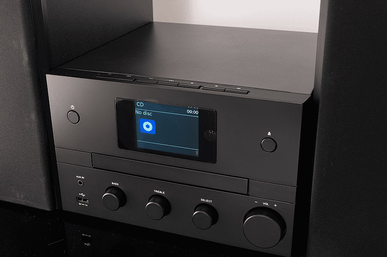Black stereo system. The CD player shows 'No disc' on the screen.