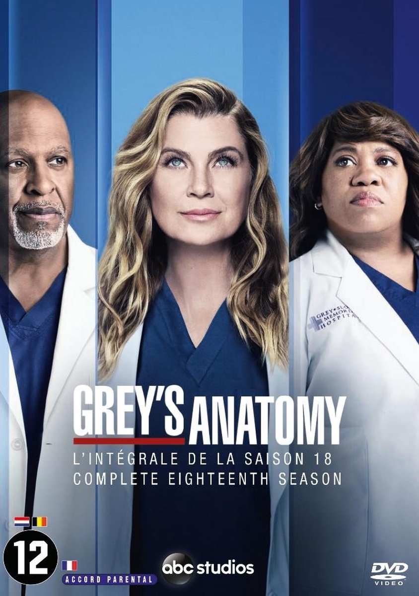 DVD-hoes voor Grey's Anatomy, seizoen 18. Toont drie acteurs en de titel van de show.