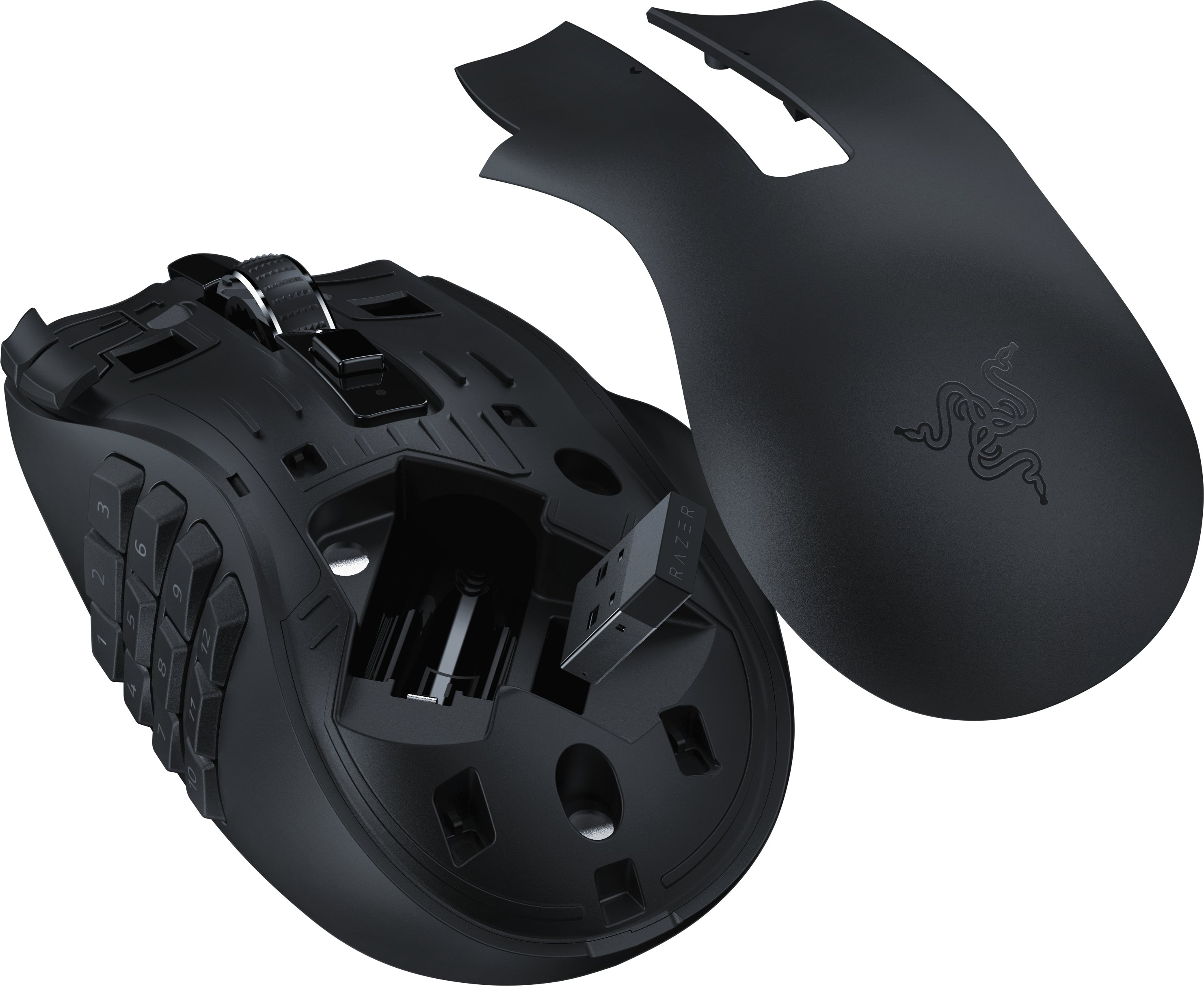 Schwarze Gaming-Maus mit abnehmbarer Oberseite und freiem Innenraum.