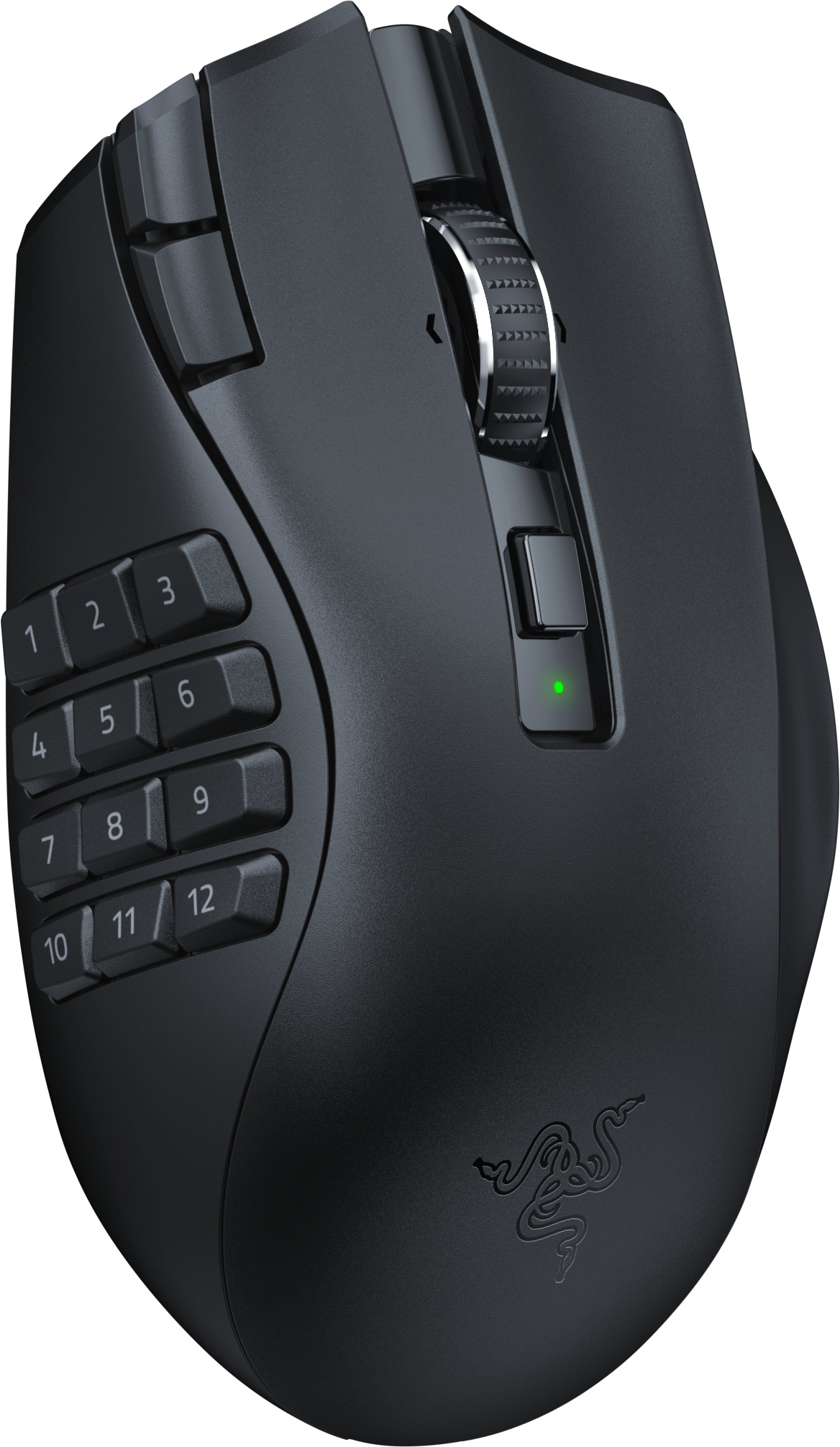 Schwarze Gaming-Maus mit Seitentasten, Scrollrad und grünem Licht, Razer-Logo sichtbar.