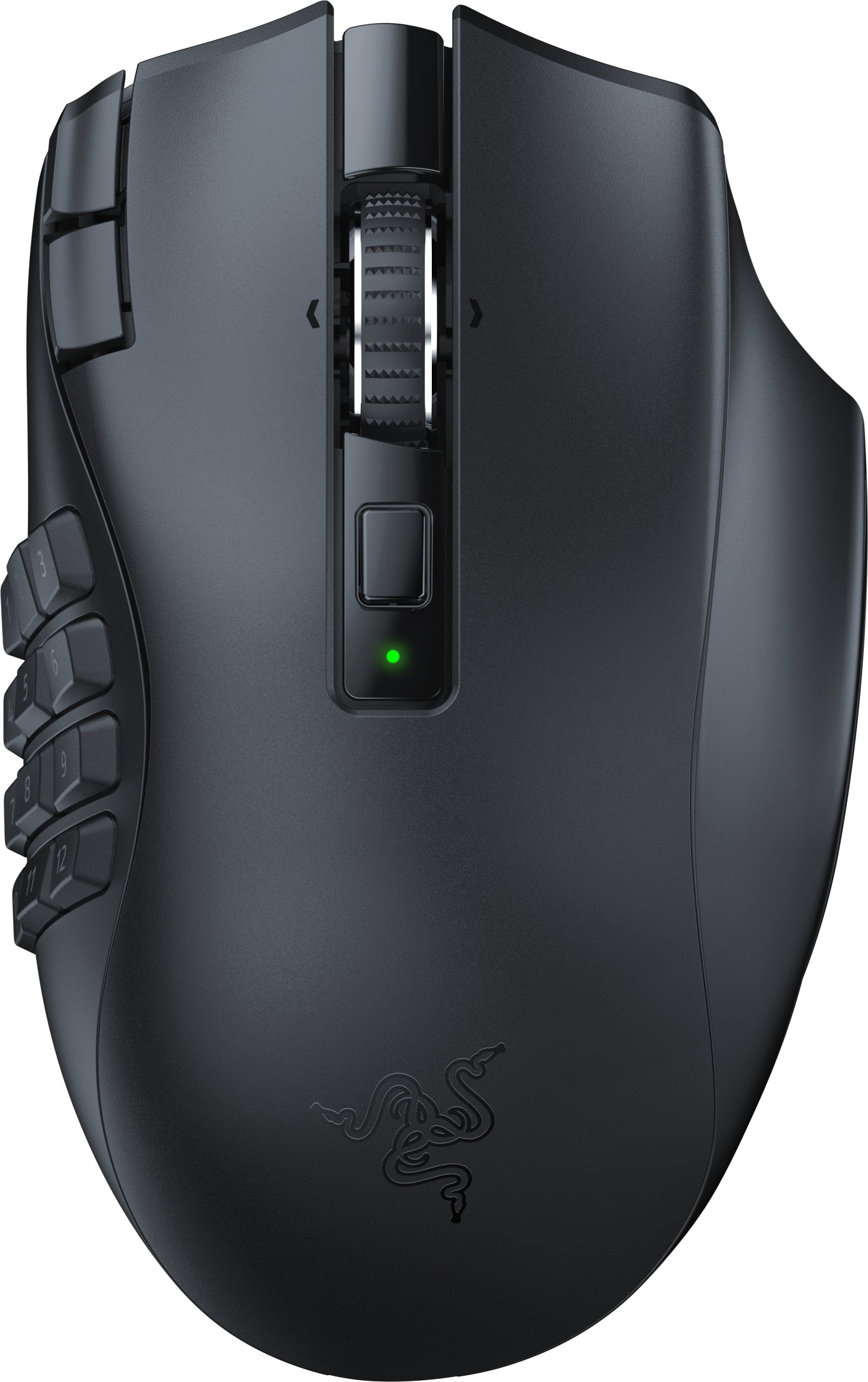 Schwarze Gaming-Maus mit mehreren Tasten und einem grünen Licht.