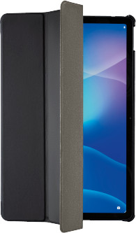 Tablet with black cover, open to reveal screen with blue background. Black case on left.