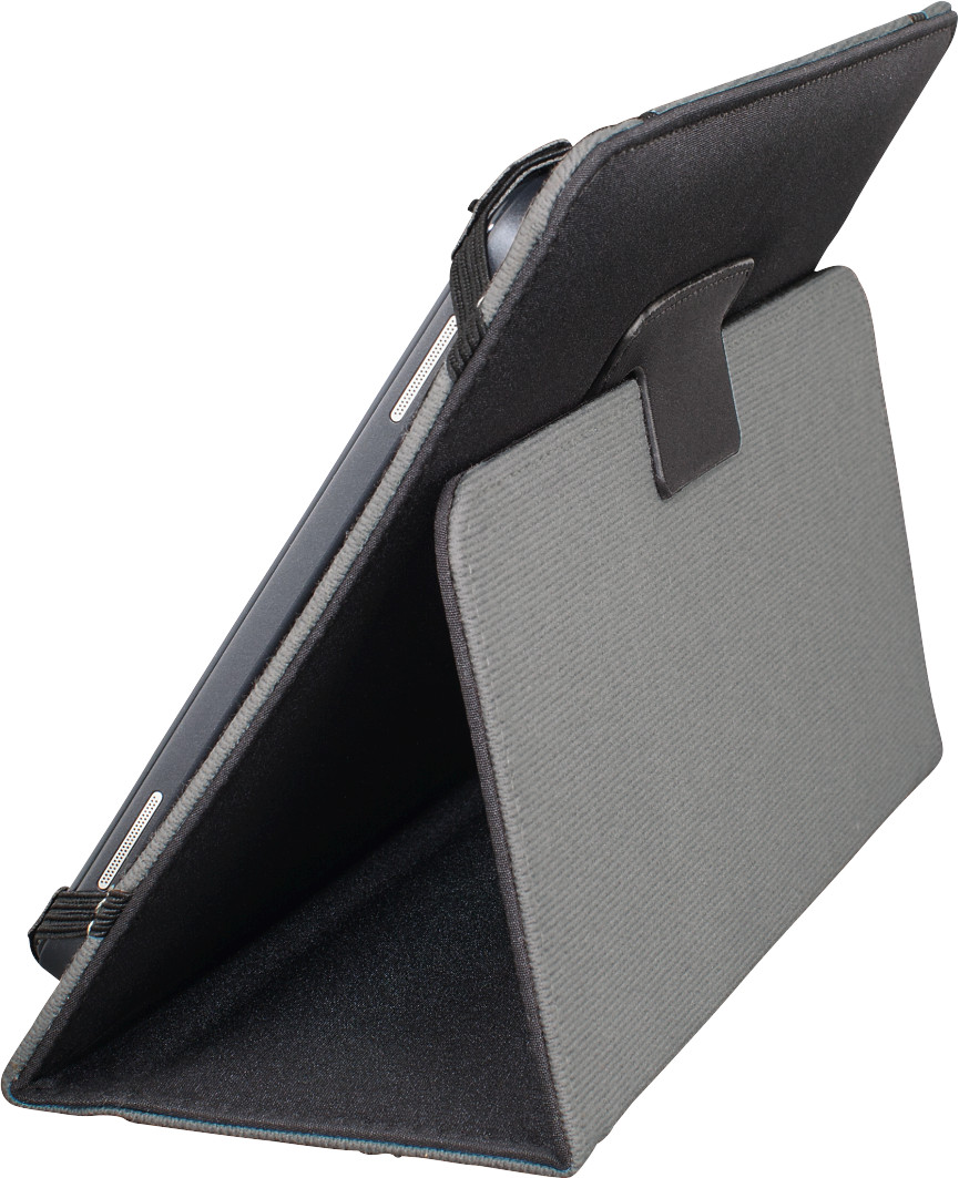 A tablet in a gray case, standing up in a triangular shape.