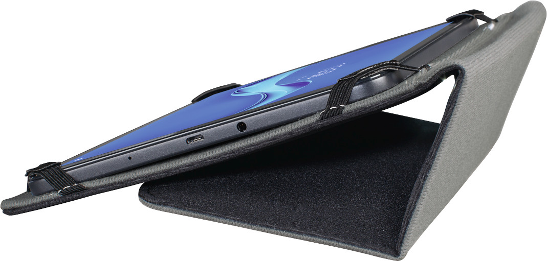 A tablet resting on a gray and black stand. The tablet is in a protective case.