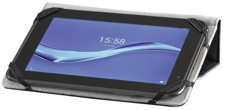 Tablet in a gray case with black straps. The tablet screen is visible, showing a time display.