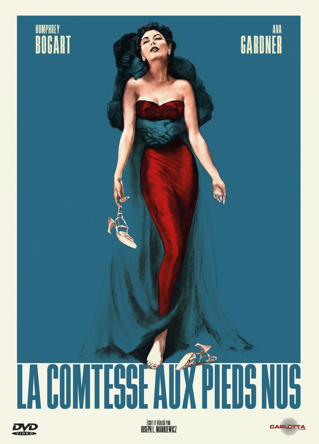 Une femme en robe rouge tient des chaussures sur une affiche de film. Le titre est en français.