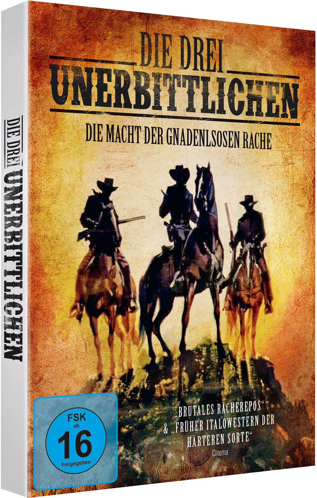 DVD-Hülle: 'Die Drei Unerbittlichen' mit drei Cowboys auf Pferden.