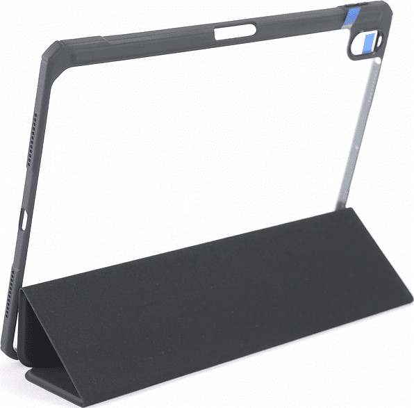 A black tablet case with a cover that folds to create a stand.