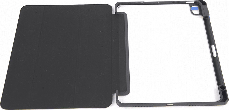 A black tablet case open. The case and the frame of a tablet are displayed on a white surface.