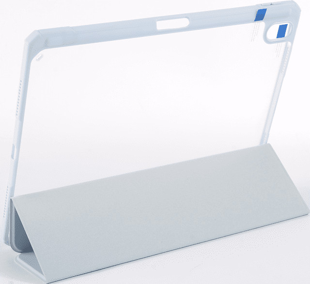 Clear tablet case with stand. Gray stand. Clear back.