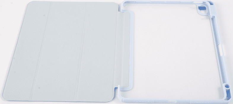 Light blue tablet case open, with tablet frame on the right.