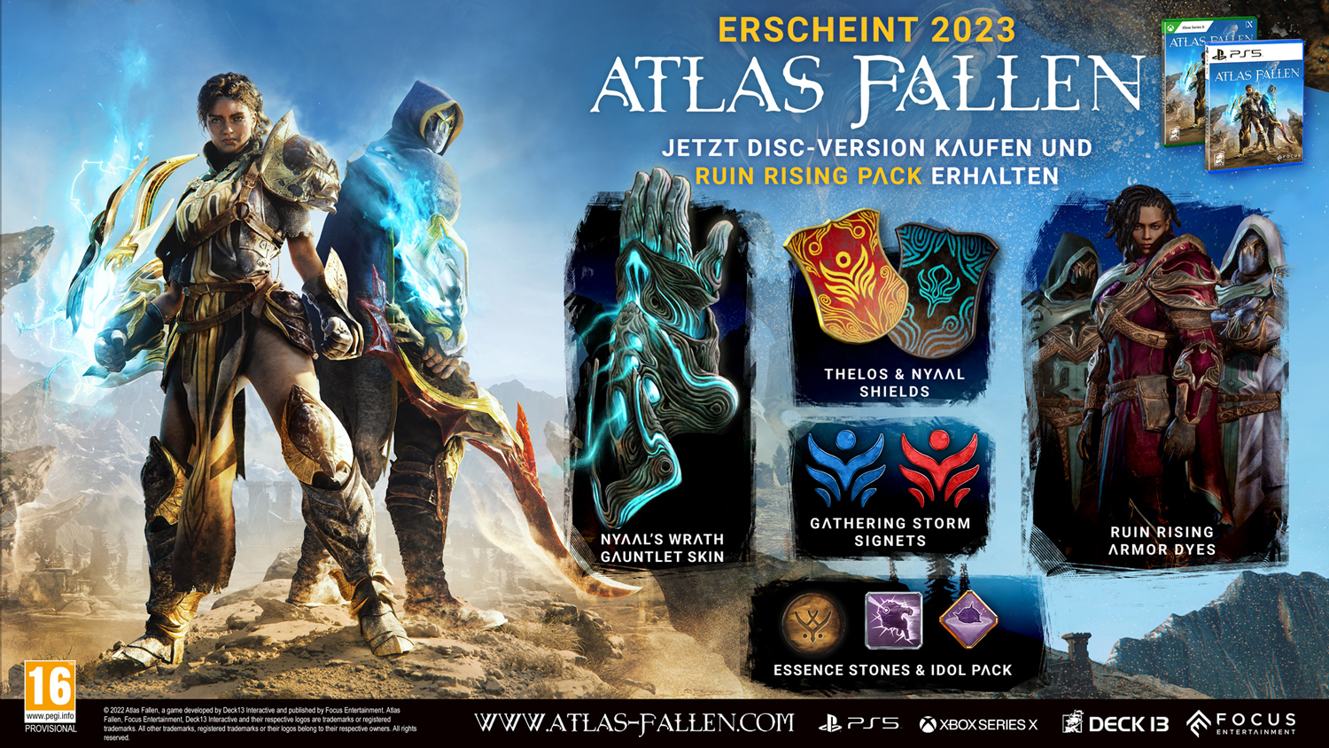 Spielwerbung mit Fantasy-Charakteren, Schilden und Werbetext.
