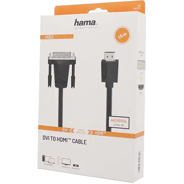 DVI - HDMI kablosu için kutu. Siyah kablo ve konektör resimleri olan beyaz kutu. Hama markası.