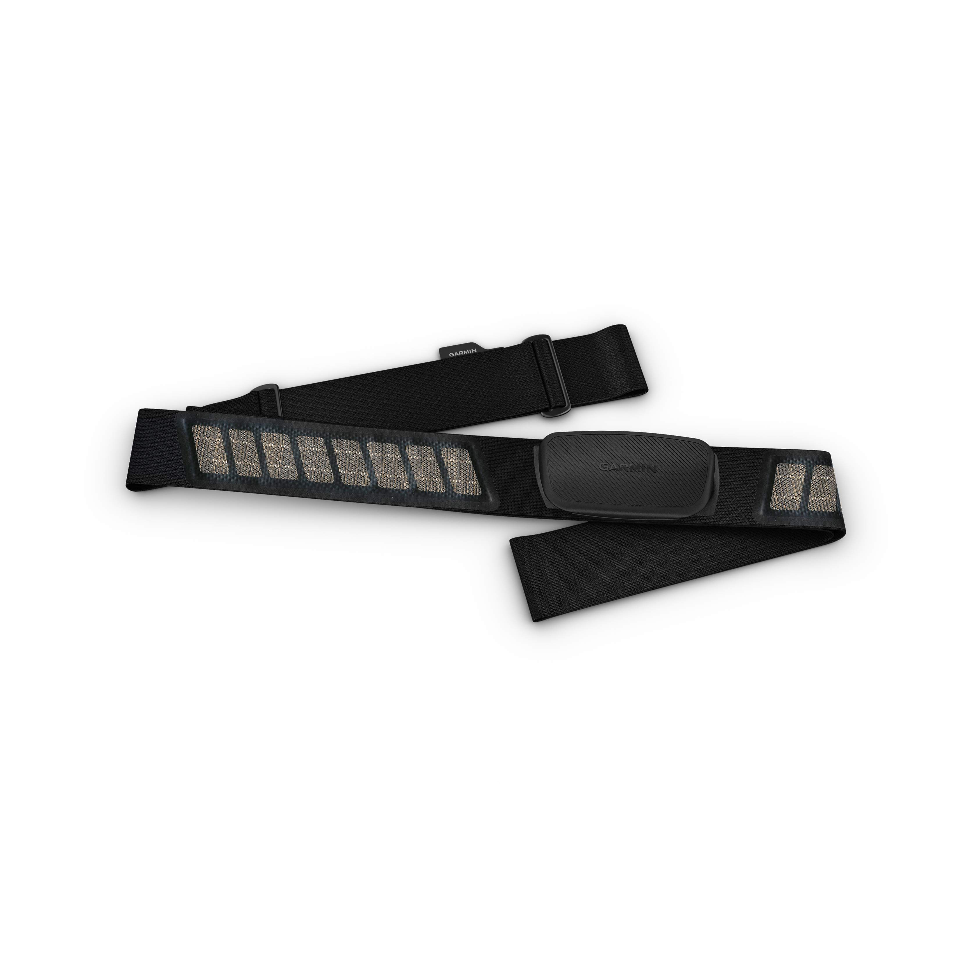 Schwarzer Herzfrequenzmesser. Schwarzes Armband mit Sensor. Weißer Hintergrund.