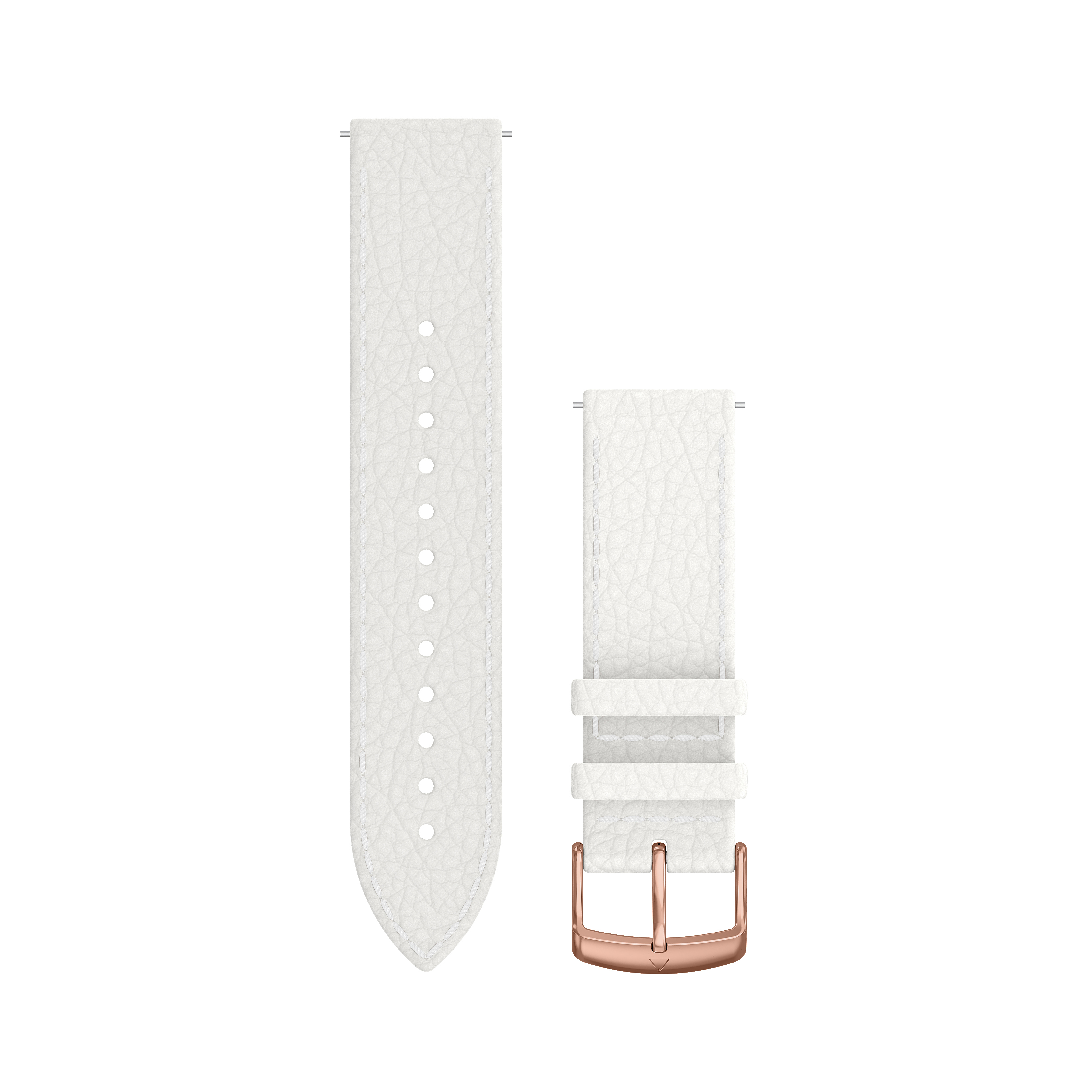 Weiße Guess-Uhrenarmbänder mit roségoldener Schnalle. Isoliert auf weißem Hintergrund.