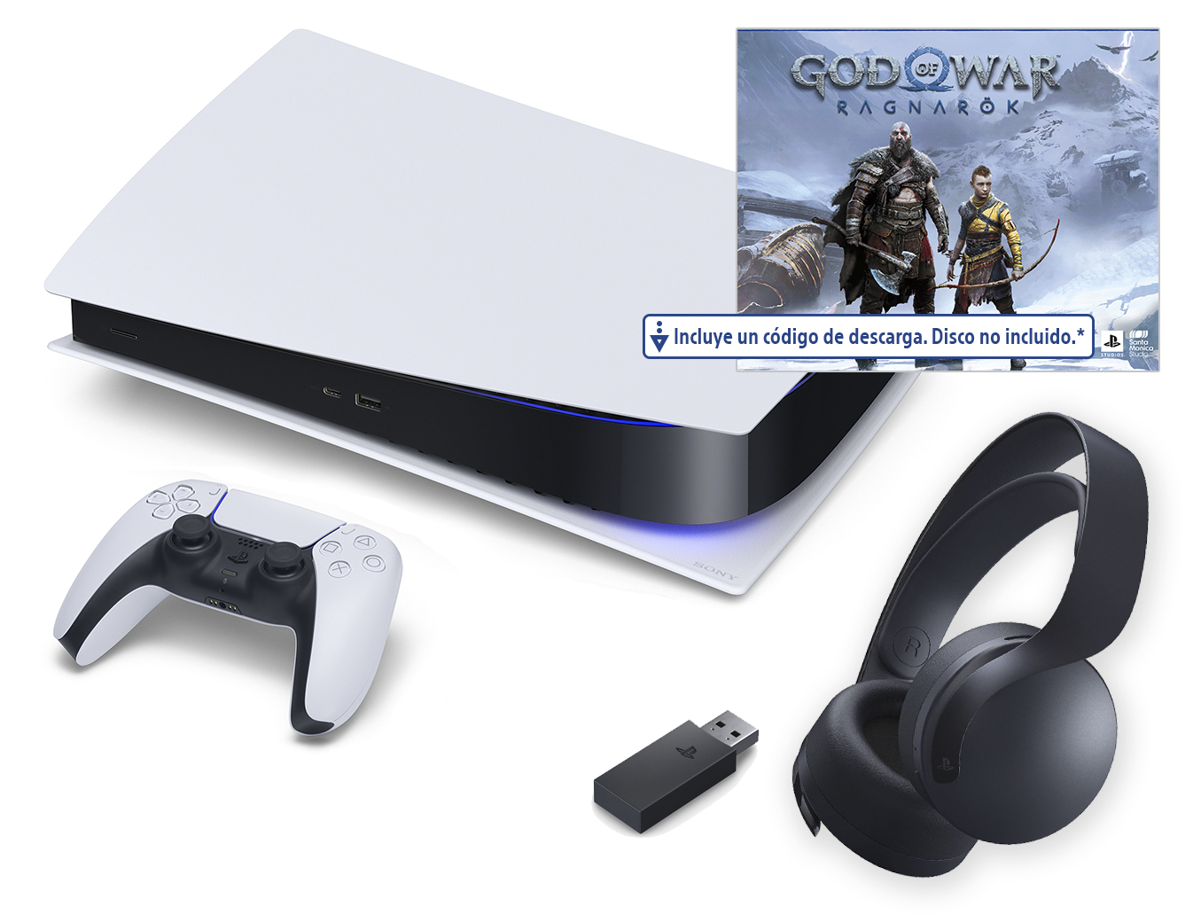 Consola PlayStation 5, mando, auriculares y una caja de juego, todo en blanco y negro.