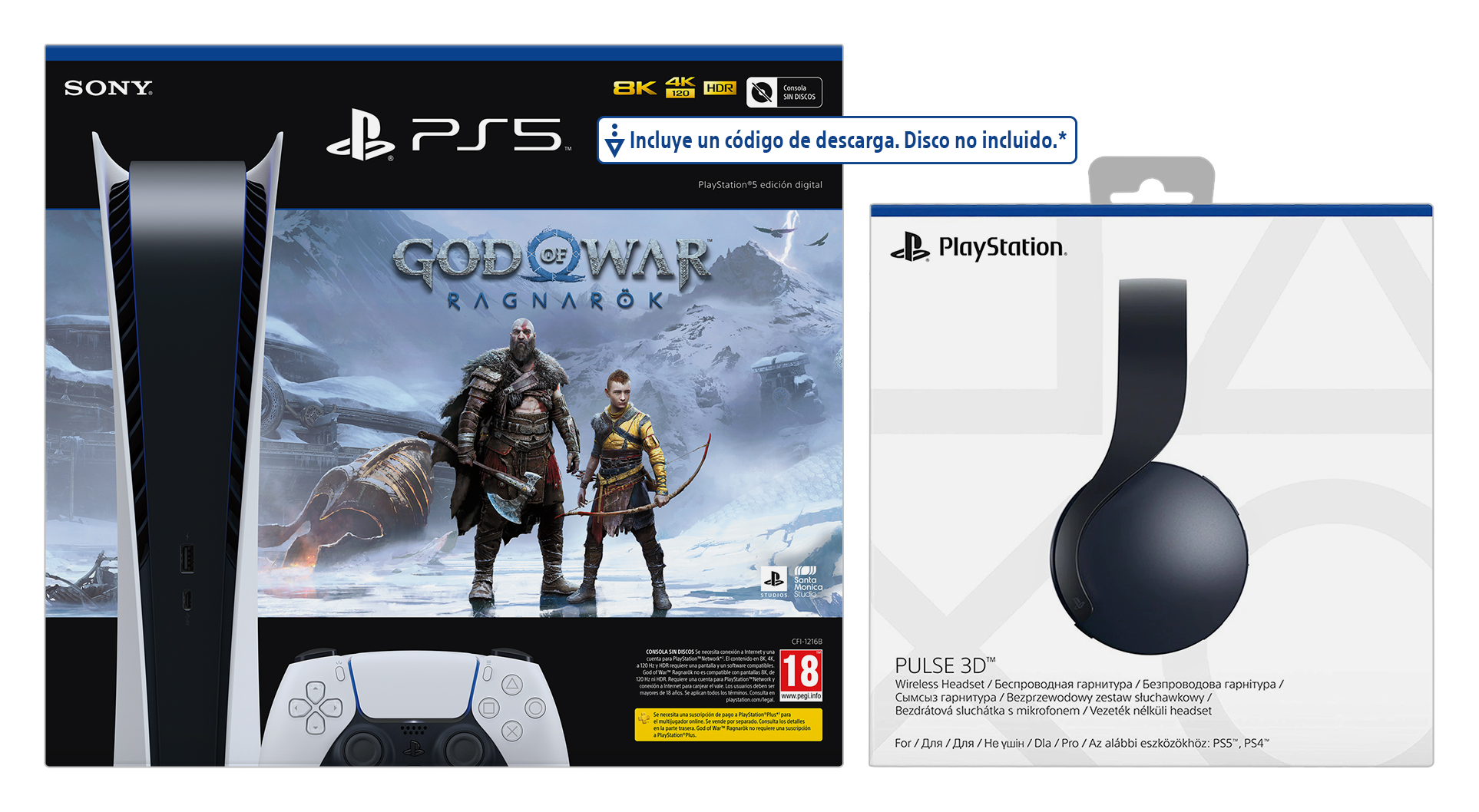Consola y mando PS5, caja del juego 'God of War Ragnarok' y auriculares PlayStation negros.