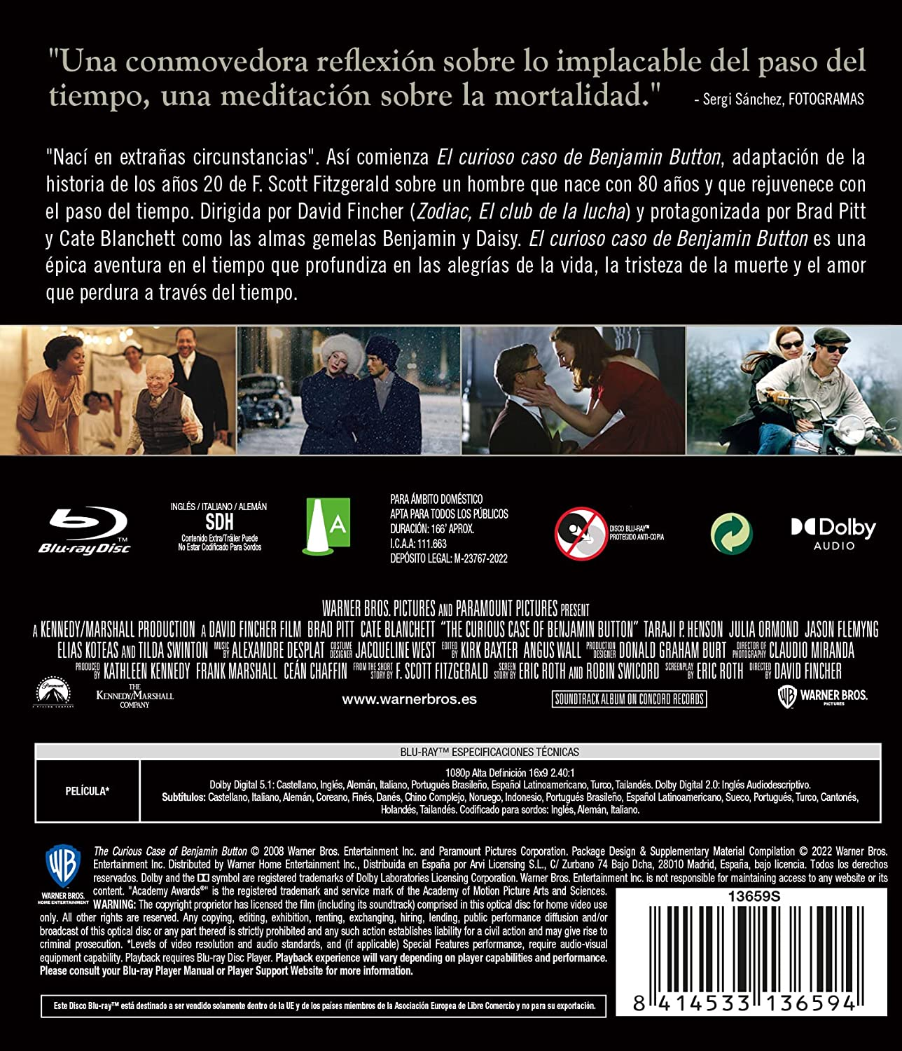 Parte trasera de una carátula de Blu-ray con texto, el título de la película es 'El curioso caso de Benjamin Button'.