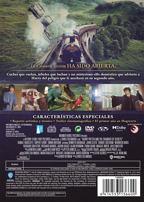 La contraportada de un DVD de Harry Potter. Muestra escenas de la película con personajes y texto.