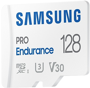 Une carte SD blanche avec texte bleu et blanc : Samsung, Pro Endurance, 128, Micro SD.