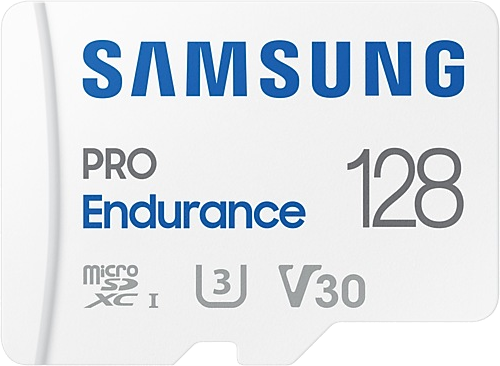 Une carte microSD blanche Samsung Pro Endurance 128. Elle affiche le logo microSD, les chiffres 128, U3 et V30.