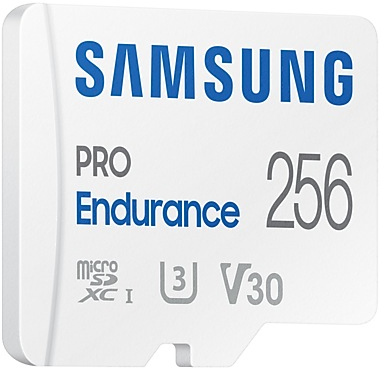 Een witte Samsung Pro Endurance SD-kaart met de tekst '256' erop.