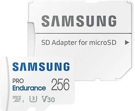 Samsung SD-kaart en adapter op een witte achtergrond. De kaart toont '256' en tekst.