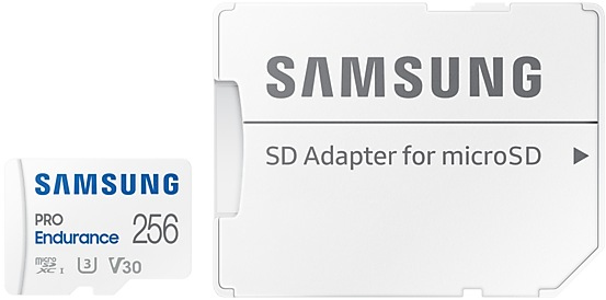 Samsung SD-kaart en adapter. Wit, met 'SAMSUNG' en 'PRO Endurance' tekst.