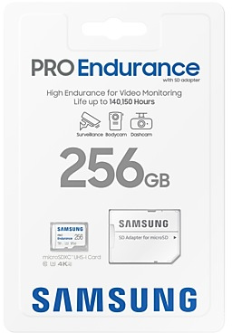 Samsung 256GB Pro Endurance SD-kaartverpakking met adapter; Hoge duurzaamheid voor videobewaking.