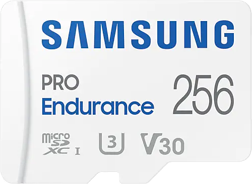 Witte Samsung Pro Endurance 256 microSD-kaart. Tekst en logo zijn zichtbaar.