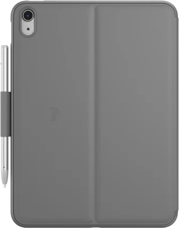 iPad met een hoes en een potlood. De hoes is grijs en de potlood is zilver.