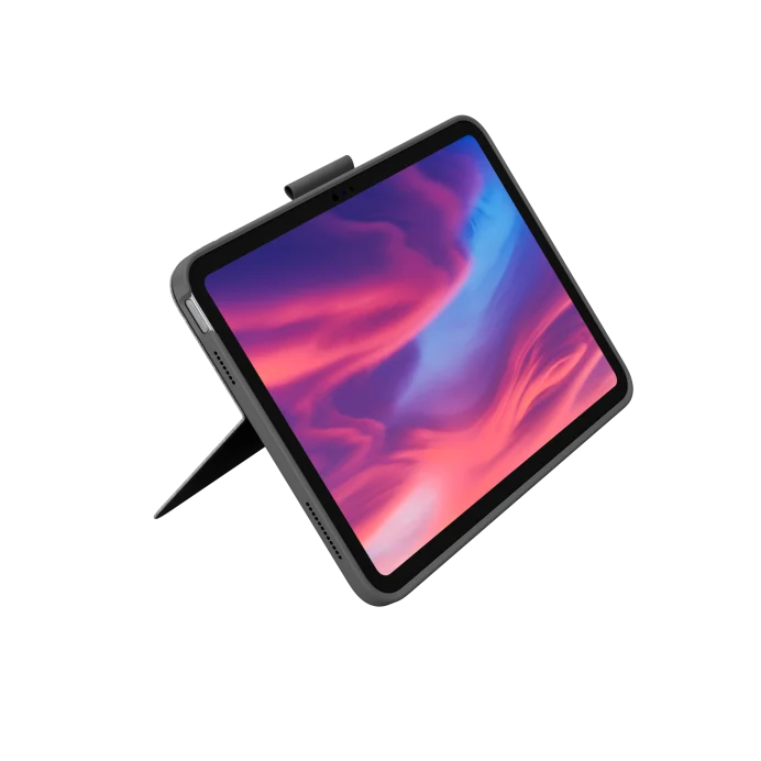 Tablet with a colorful screen set on a stand, against a black background.