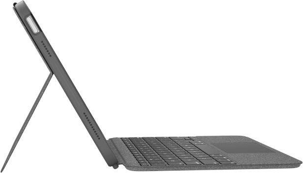 A tablet with a keyboard case propped up, seen from the side.
