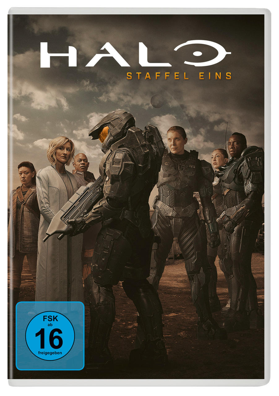 DVD-Cover: Halo-Serie-Besetzung in Rüstung. Titel 'Halo Staffel Eins' und FSK 16-Rating.