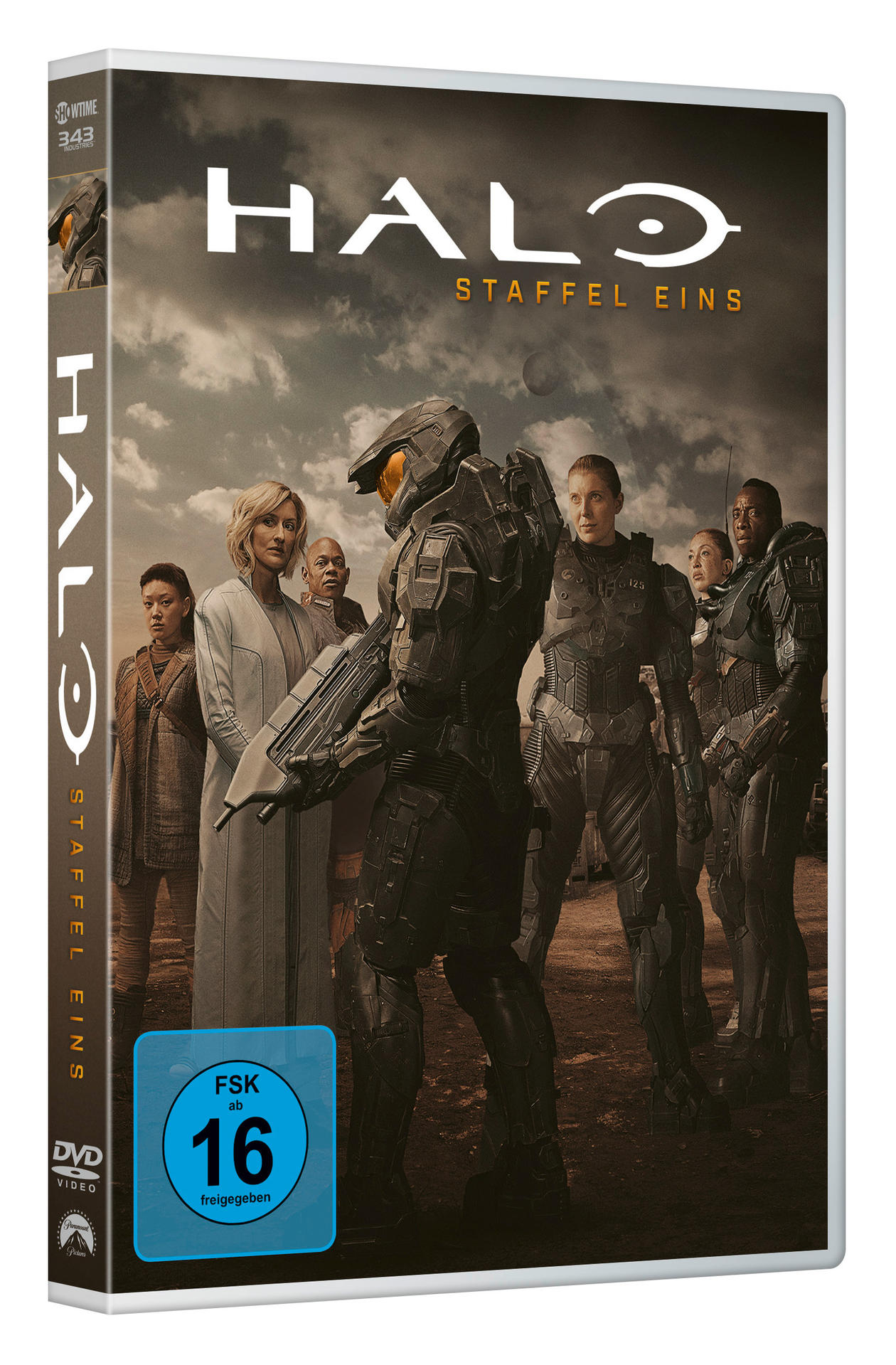 DVD-Hülle mit Halo-Seriencast und Logo. Blauer FSK 16-Aufkleber.