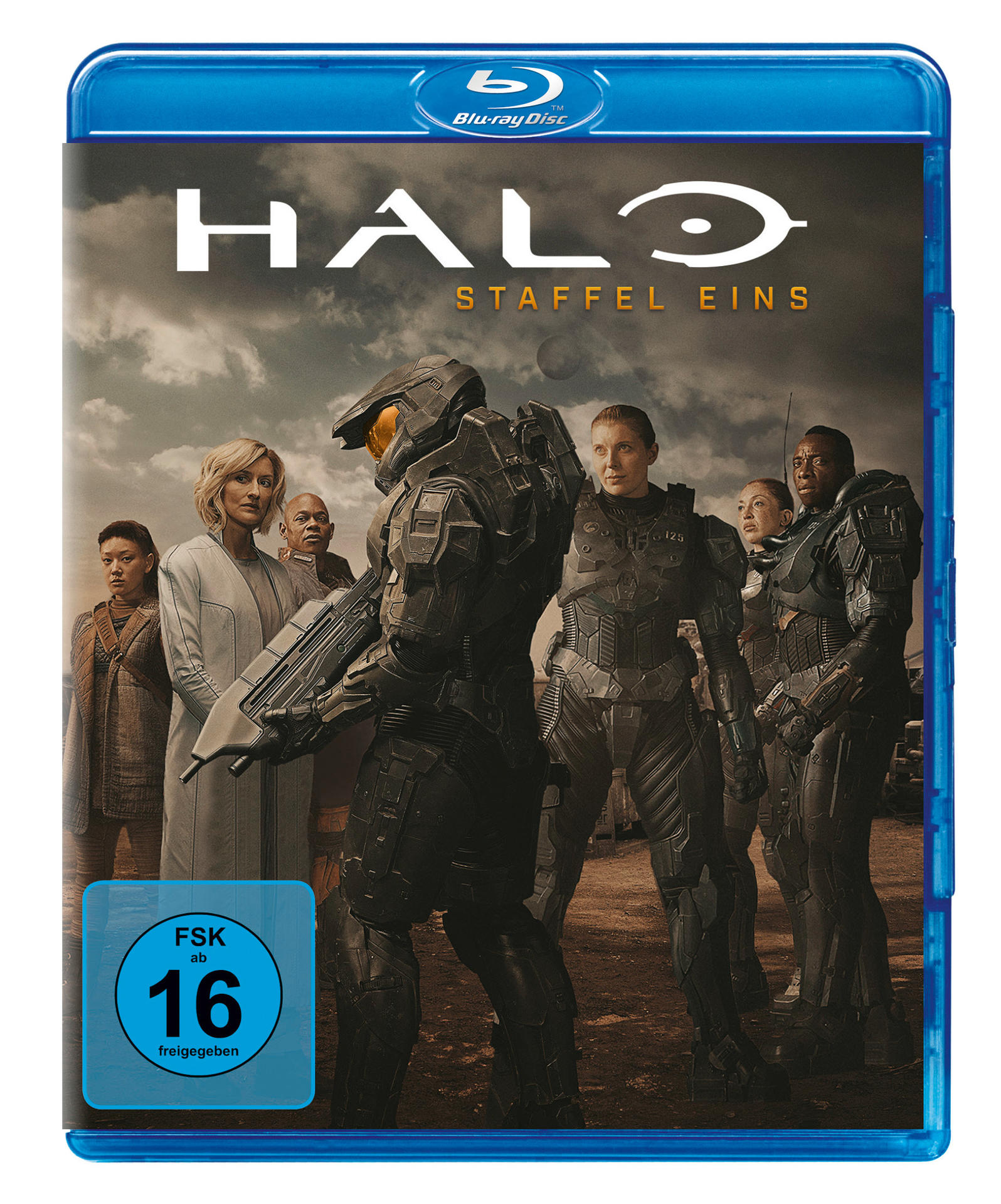 Halo Blu-ray-Cover. Gruppe von Leuten in Rüstung. Blauer Hintergrund.