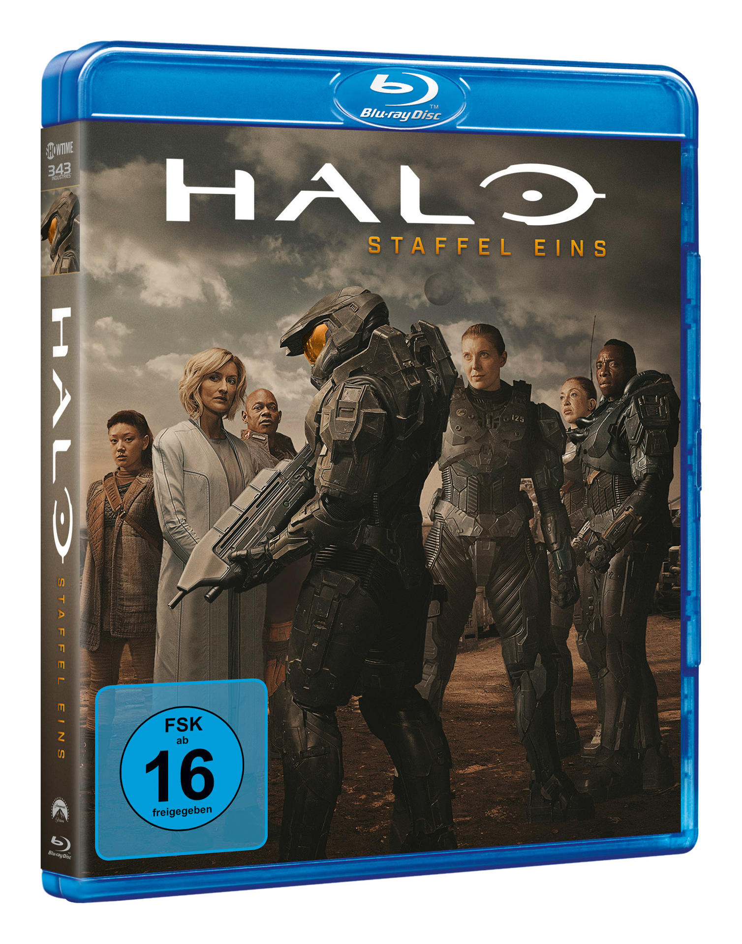 Blaue Blu-ray-Hülle mit Cover der Serie 'HALO' mit Charakteren.