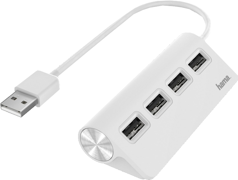Siyah bir arka plan üzerinde dört bağlantı noktasına ve bağlı bir USB fişine sahip beyaz bir USB hub.