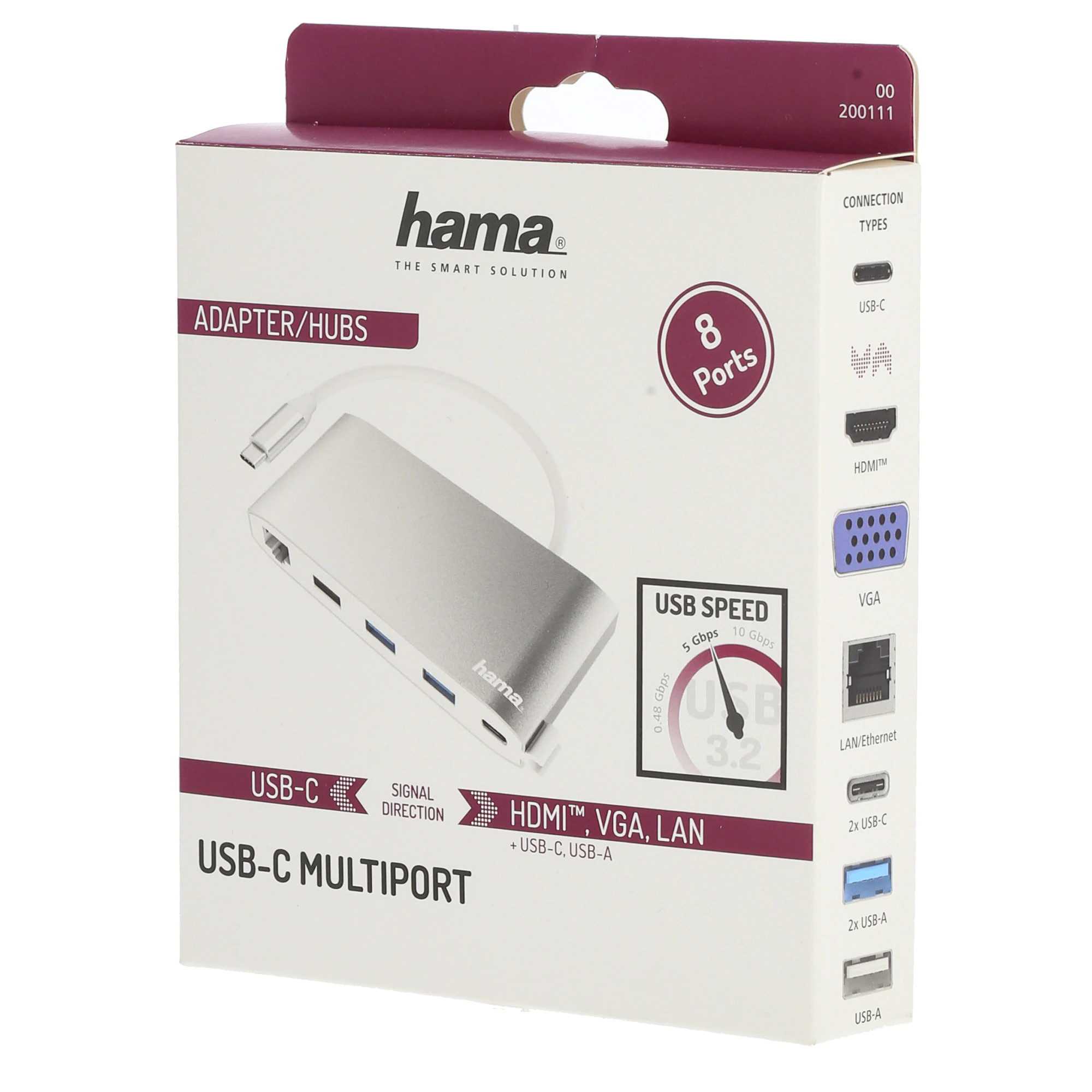 USB-C çoklu bağlantı noktası adaptörü kutusunda. Bağlantı noktalarını ve türlerini gösterir.